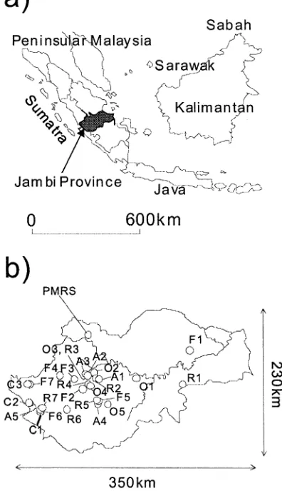 Figure 1. (a) The location of Jambi Province, and (b) the locationof the 27 sites and PMRS.
