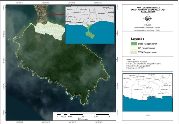 Gambar 1. Peta lokasi penelitian di Cagar Alam dan Cagar Alam Laut Pangandaran  Figure 1