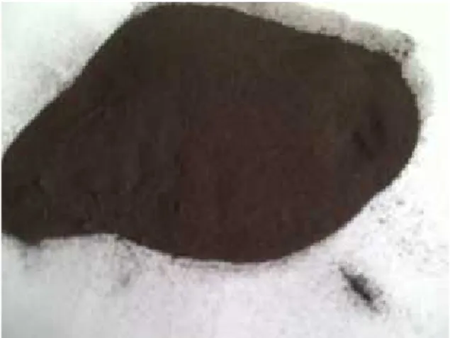 Gambar 2.4 Pasir Besi Tanah Laut Setelah Pencucian Pada gambar di atas terlihat serbuk pasir besi setelah proses pencucian  berwarna  hitam  kemerahan,  berdasarkan  pengamatan sebelum  pembersihan  banyak  mengandung  mineral  Fe  maka kemungkinan  besar 