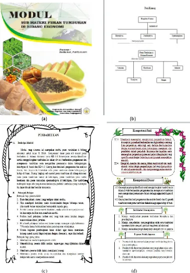 Gambar 1 : (a) Cover,(b) Peta konsep,  (c) Deskripsi modul, petunjuk belajar, (d)Kompetensi inti, kompetensi dasar, indikator pencapaian dan tujuanpembelajaran