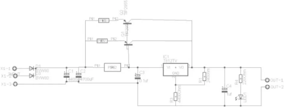 Gambar 2. Rangkaian AC-DC Fullwave Uncontrolled Rectifier + regulator ic713  Tabel 1. Spesifikasi Rangkaian AC-DC Fullwave Uncontrolled Rectifier 