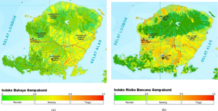 Gambar 1: Peta bahaya dan resiko bencana gempa bumi wilayah pulau Lombak berdasarkan katalog USGS dan BMKG (warnanya menentukan tingkat bahaya gempa bumi disetiap Kabupaten).