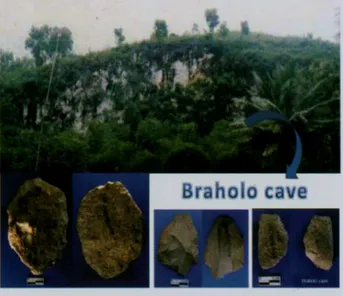 Fig 4. Gua Braholo di wilayah Gunung Sewu barat dan  beberapa artefak litik dari gamping dan basalt 