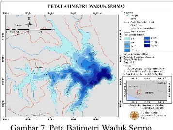 Gambar 7. Peta Batimetri Waduk Sermo  Sumber: Pengolahan data, 2020  Elevasi  muka  air  Waduk  Sermo  berekisar  antara  97  hinggan  127  mdpal