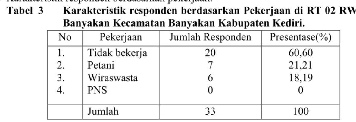 Tabel  3  Karakteristik responden berdasarkan Pekerjaan di RT 02 RW 02 Desa  Banyakan Kecamatan Banyakan Kabupaten Kediri