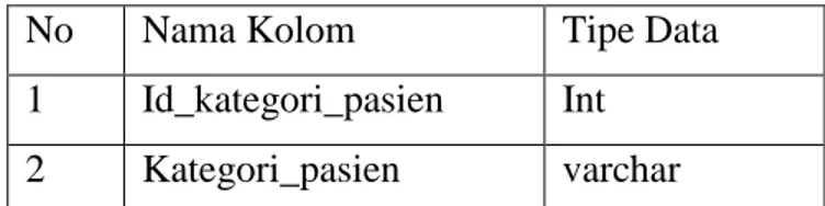 Tabel 4.3 Tabel Basis Data pasien_kategori 
