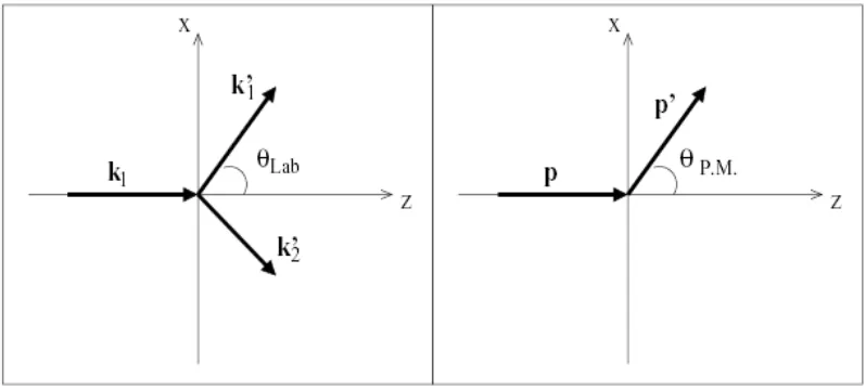 Gambar 2.1. Hamburan dalam kerangka laboratorium dan kerangka P.M (Sakurai J.J, 1994)