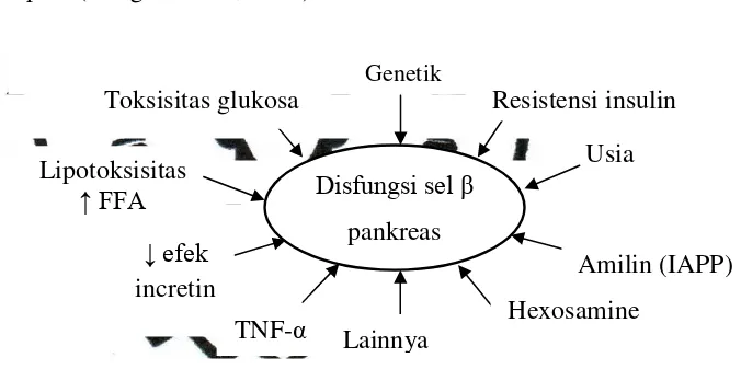 Gambar 1. Faktor penyebab sekresi insulin terganggu pada diabetes melitus tipe 2 (DeFronzo, 2004) 