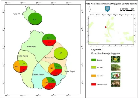Gambar 4. Peta Komoditas Sayuran Unggulan di Kota Ternate   Tabel 1. Hasil analisis location quotient (LQ) tanaman palawija di Kota Ternate Tahun 2019-2022 