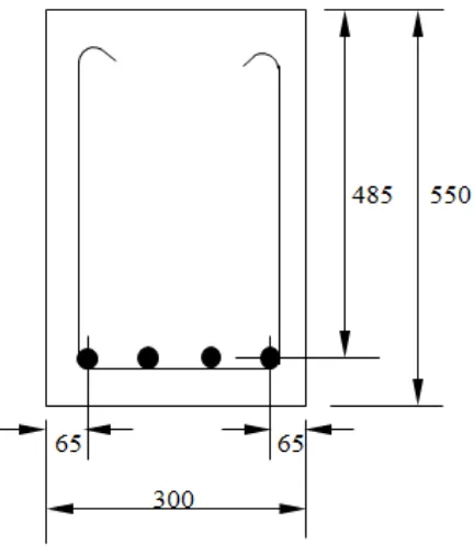 Gambar menunjukkan penampang melintang sebuah balok tertumpu sederhana yang diberi tulangan tarik 4D25 serta sengkang D10-150