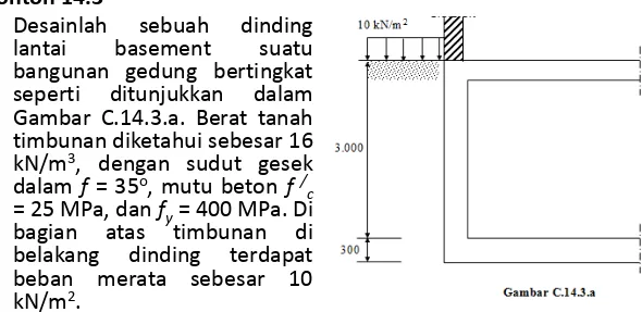 Gambar C.14.3.a. Berat tanah timbunan diketahui sebesar 16 kN/m3, dengan sudut gesek 