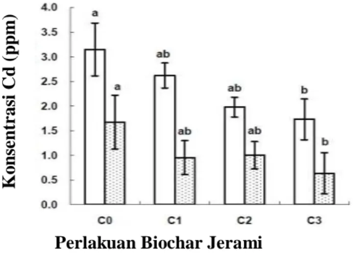 Gambar 4. Konsentrasi Cd pada beberapa pemberian biochar jerami gandum (Cui et al. 2011)  Pemanfaatan  biochar  pada  tanah 