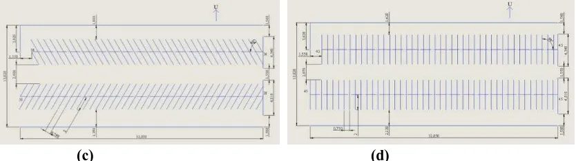 Gambar 3. Desain Pola Parkir Fasilitas Parkir FT UNS Sektor 3 menggunakan pola parkir dengan sudut (a) 30°, (b) 45°, (c) 60° dan (d) 90° (dalam meter)  
