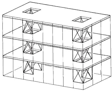 Fig. 2.11A typical bracing scheme for a multi-storeyframework. Vertical-plane bracing is provided in a limitednumber of bays and positioned symmetrically on plan