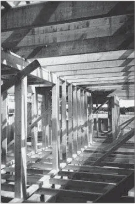 Fig. 3.6The all-timber house is a loadbearing wall form ofconstruction in which all of the structural elements in the walls, floorsand roof are of timber