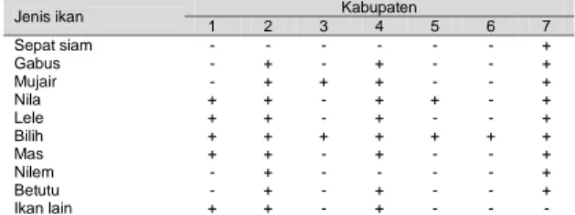 Tabel  3. Distribusi jenis ikan tangkapan di perairan Dan au Toba   Jenis ikan  Kabupaten 