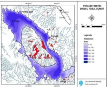 Gambar 2-1. Peta batimetri Danau Toba berdasarkan kontur kedalaman                                  (Sumber: Lukman &amp; Ridwansyah, 2010) 