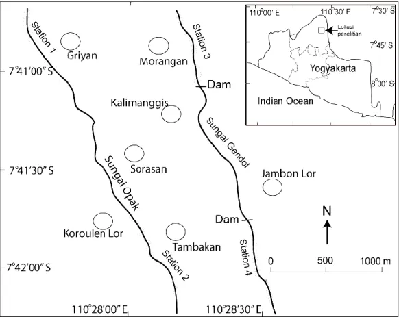 Gambar 1. Peta lokasi sampling berada di sepanjang Sungai Gendol dan hulu Sungai Opak 
