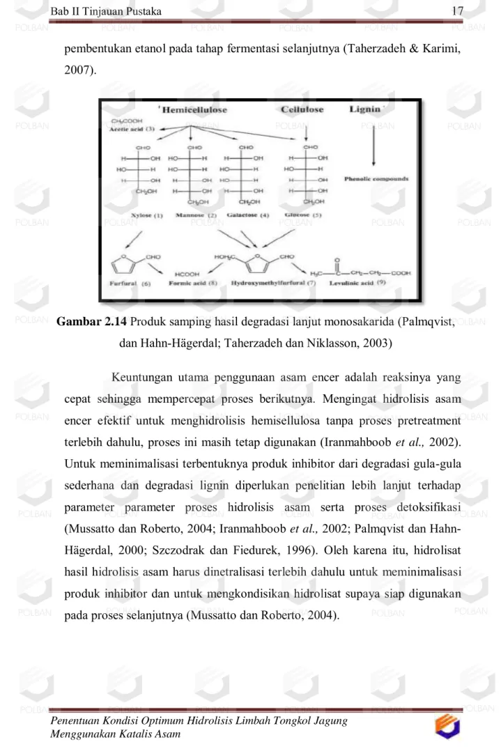 Gambar 2.14  Produk samping hasil degradasi lanjut monosakarida (Palmqvist,  dan Hahn-Hägerdal; Taherzadeh dan Niklasson, 2003) 