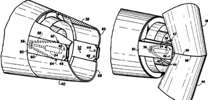 Fig. 12 : Section view of the embodiment of thrust reverser with the actuator mechanism and the deflector doors in stowed position (left) the  deployed position (right) [5]