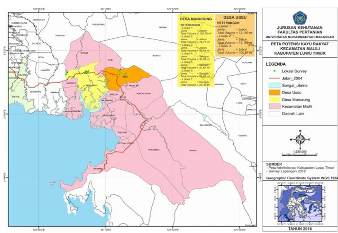 Gambar 4. Peta Potensi Kayu Rakyat di Kecamatan Malili Kabupaten Luwu Timur.
