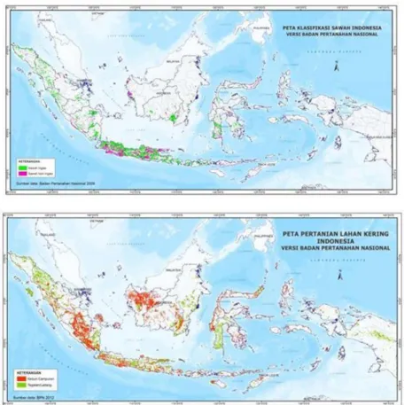 Gambar 1. Sebaran lahan pertanian lahan sawah dan lahan kering nasional eksisting  Potensi  Pemanfaatan  Air  dan  Luas 