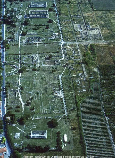 Figure 1: An aerial view in 1989 of the Paestum site (picture courtesy of Otto Braasch) which spans ca 700 x 350 m