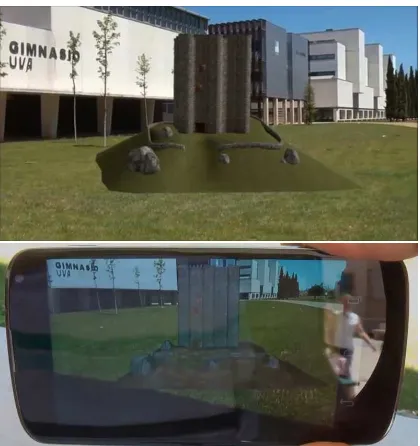 Figure 4: a) A virtual 3D reconstruction of the castle of Villarejoover a real image taken from camera; b) The same model on amobile device using augmented reality