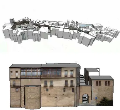 Figure 5: a) The volumetric representation of the Real Street ofSegovia using cuboids; b) A textured building model of the street