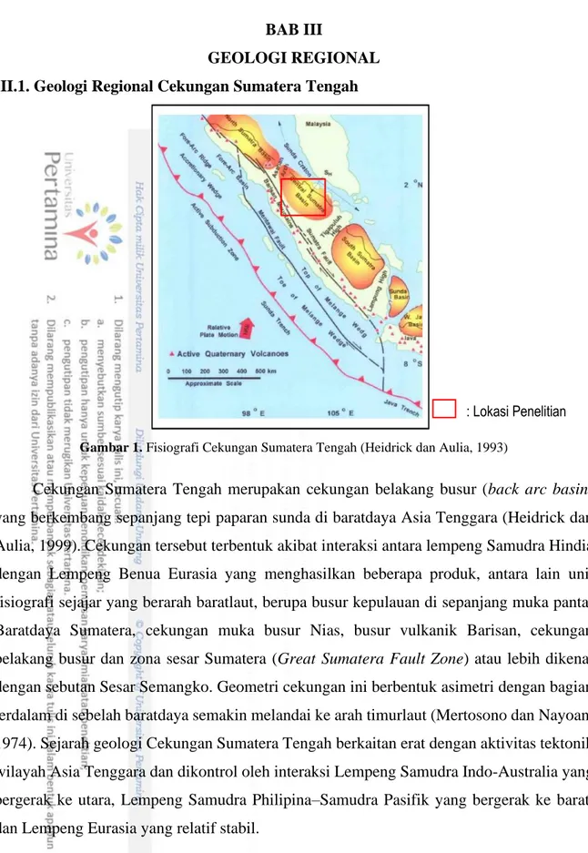Gambar 1. Fisiografi Cekungan Sumatera Tengah (Heidrick dan Aulia, 1993)