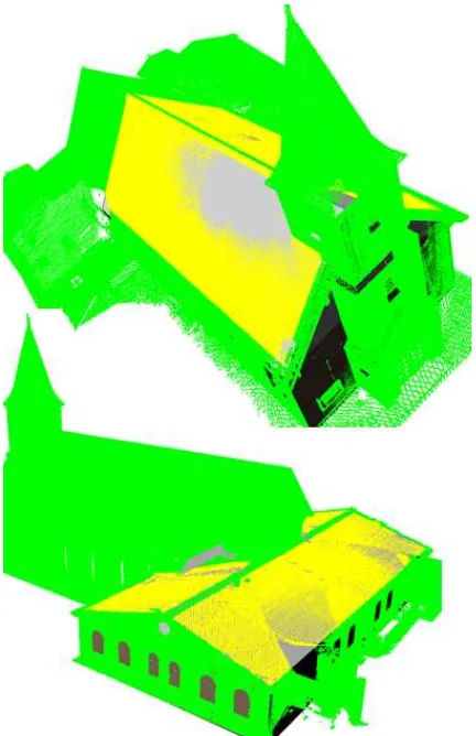 Figure 7: Data from LIDAR with a T-shaped building footprintdecomposed into two separate non-overlapping quadrilaterals.The yellow points are the inliers of the MMSE ﬁtted roof typeover each footprint