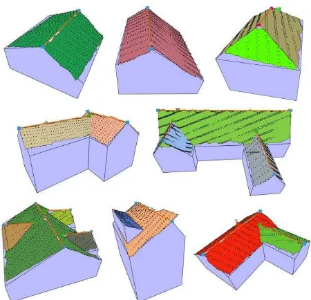 Figure 9. Reconstructed 3D building models overlaid with the point segmentation and their semantic features (orange line = ridge, blue = gable end, red = hip end, green = ridge intersection)