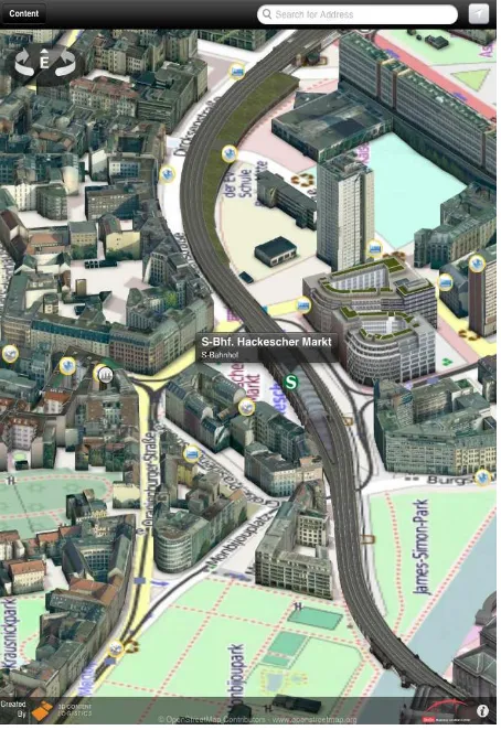 Figure 1: Screenshot of the iOS-App smartMap Berlin from ourcase study. The App’s user interface is kept simple: Users can usezooming and moving gestures known from 2D map interfaces.Further an interaction item on the upper left provides stepwiserotation.