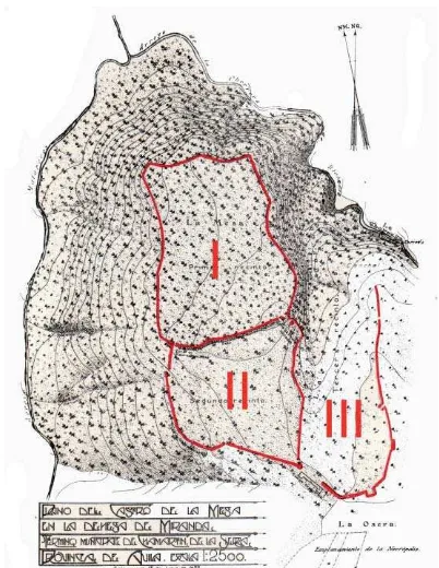 Figure 1. Topographic map of the hillfort. The three enclosures  are marked in red. From Baquedano and Martín (2007)