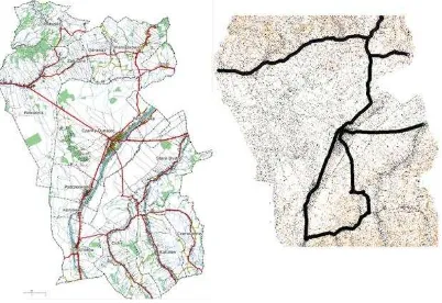 Figure 12. A map of the district of Czarny Dunajec (left) and routes recorded with immersive camera (right)