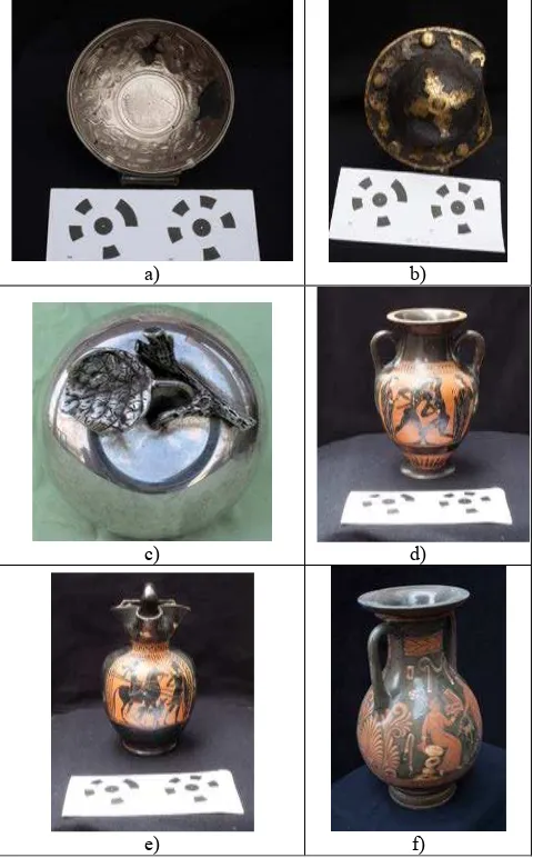 Figure 3. Metallic and ceramic test objects used in the experiments: a) Patera del Pescatore (metal); b) Lombard Umbo (metal); c) Apple box (metal), d) Greek vase (ceramic); e) Etruscan olpe (ceramic); c) dark Greek vase (ceramic)
