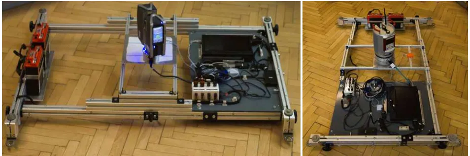 Figure 1: Left: Sensor skid, a.k.a. work-holding ﬁxture, equipped with a FARO Focus3D laser scanner
