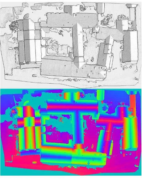 Figure 13. DSM extracted using MicMac: shaded view (above),  8bit colour view (below)  