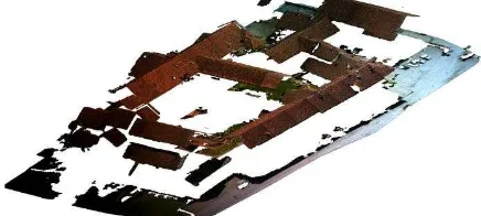Figure 27. Point cloud extracted from Photoscan. This zoom on the Church allows to notice the noise affecting the cloud