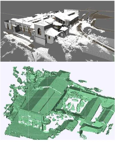 Fig. 8 shows the dense matching result for the Basilica. The point cloud (top) is interpolated to obtain a mesh (bottom), i.e