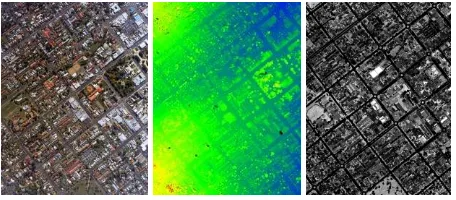 Figure 1. Aerial image (left), colour-coded LiDAR DSM (middle) and LiDAR intensity image (right) 