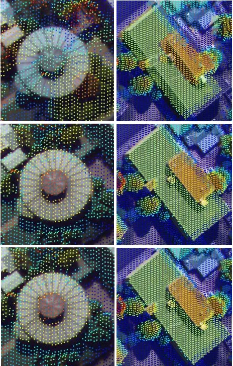 Figure 8. Overlay of back-projected LiDAR point cloud on to the aerial image before (top) and after registration using the feature-based method (middle) and intensity-based method (bottom) 