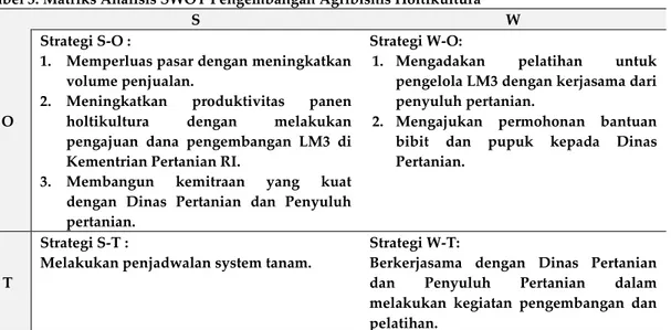 Tabel 3. Matriks Analisis SWOT Pengembangan Agribisnis Holtikultura 