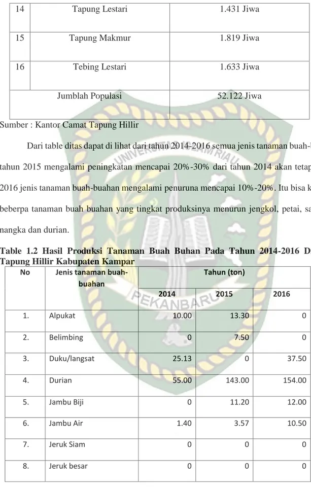 Table  1.2  Hasil  Produksi  Tanaman  Buah  Buhan  Pada  Tahun  2014-2016  Dikecamatan  Tapung Hillir Kabupaten Kampar 