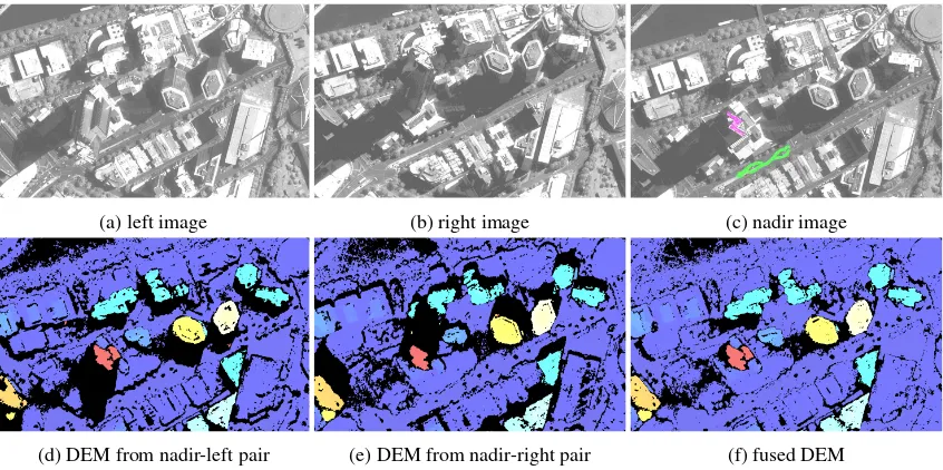 Figure 12: Three Pléiades images of Melbourne (a-c), the roof and street areas used for the evaluation are highlighted in (c)