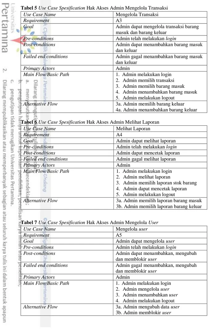 Tabel 7 Use Case Spesification Hak Akses Admin Mengelola User 