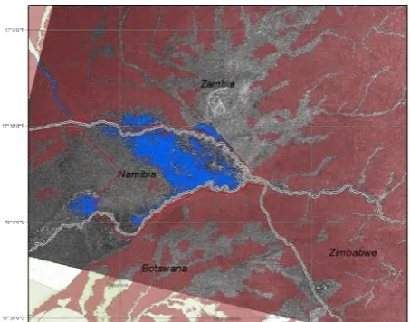 Figure 5: One of the first Synthetic Aperture Radar (SAR)  images acquired by Sentinel-1A on 13 April 2014 captured the extent of a flood (blue areas) in the Caprivi plain of the Zambezi River in Namibia