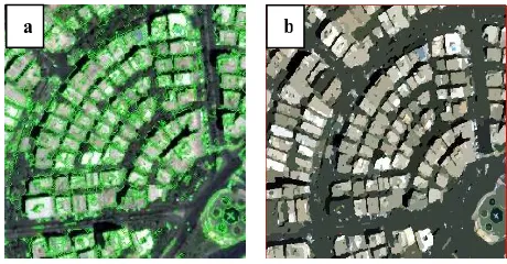 Figure 6. (a) The optimum segmented image at the scale of 57. (b) Merging adjacent segments based on their brightness values