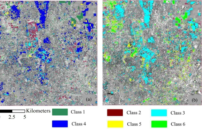 Figure 10: Change map with change type labeling, (a) CVA with NDR and ∆NDVI, (b) CVA with brightness and greenness obtainedfrom tasseled cap transformation in Landsat images.