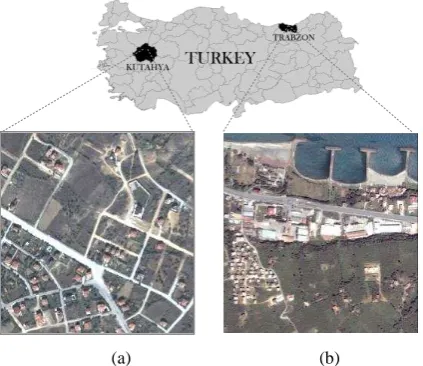 Figure 1. Location of the study areas, (a) aerial photo of Kutahya and (b) Quickbird-2 image of Trabzon, Turkey